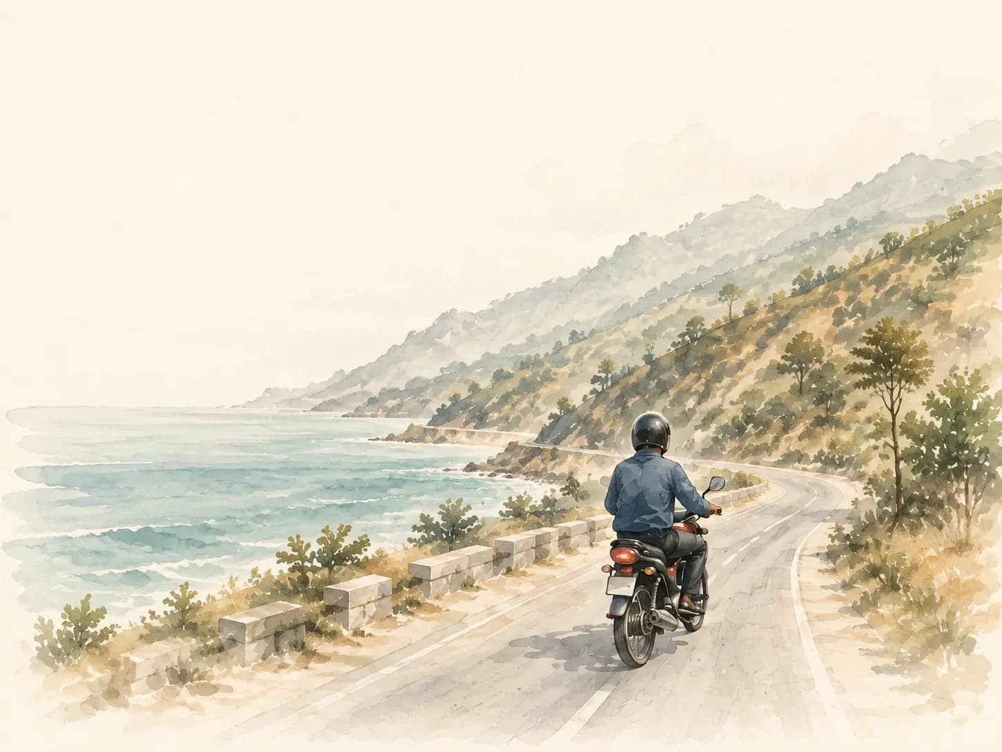 Watercolour — moto rider on a coastal road