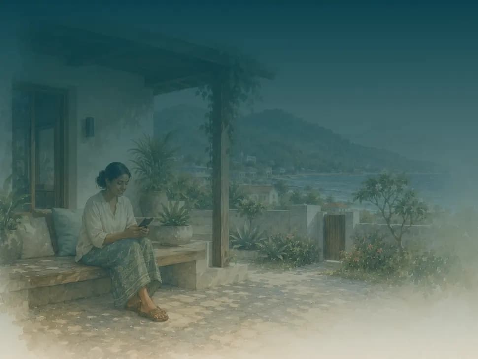 Watercolour — reading on a terrace above the bay