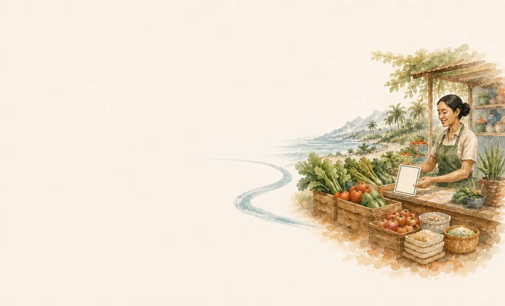 Watercolour — market stall along the coast road
