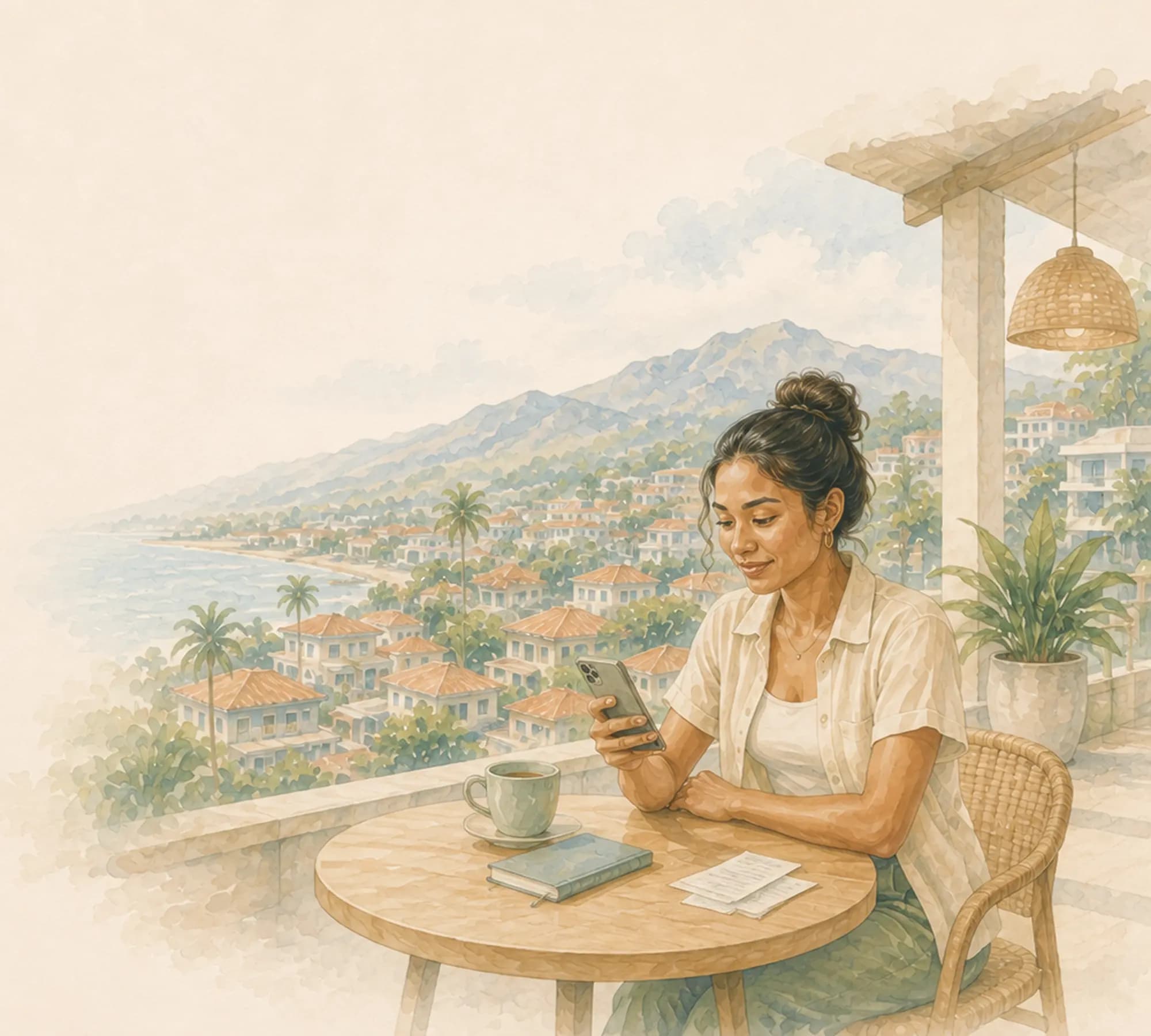 Watercolour — checking activity over coffee on a terrace above the bay