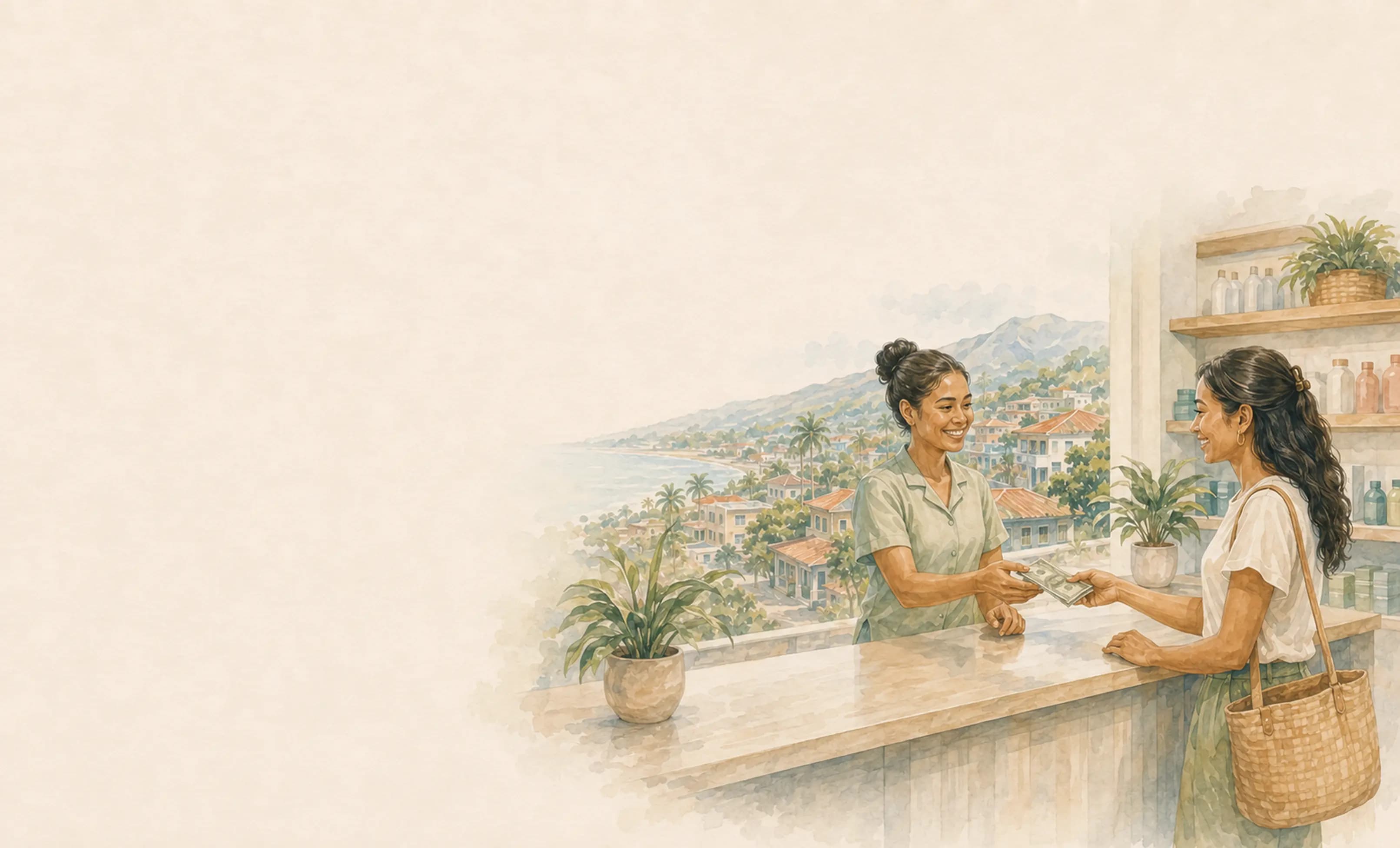 Watercolour — handing cash to an agent at a counter above the bay