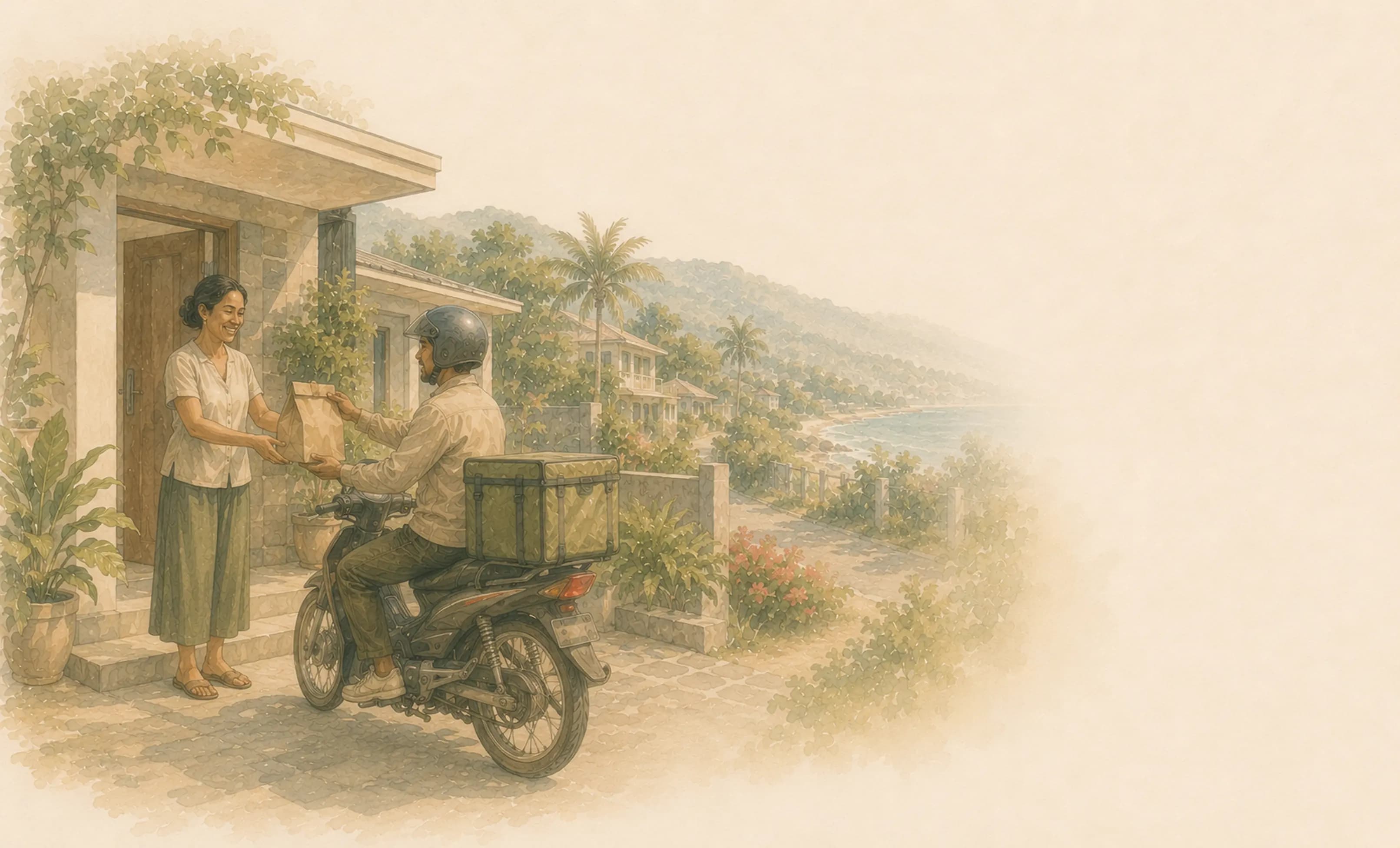 Watercolour — the rider handing the order over at the doorstep