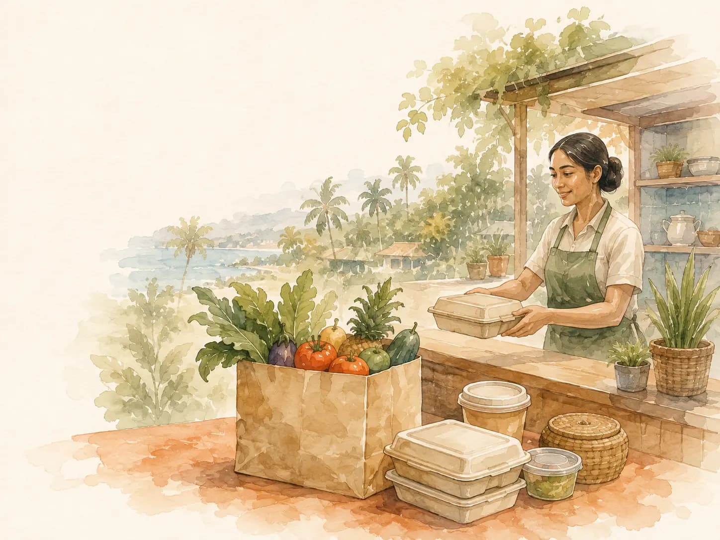 Watercolour — food stall handing over an order