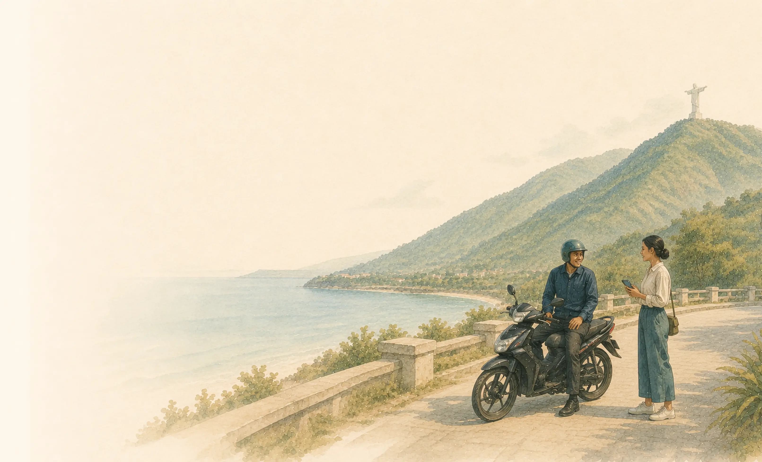 Watercolour — arriving at Cristo Rei, rider and driver at the overlook