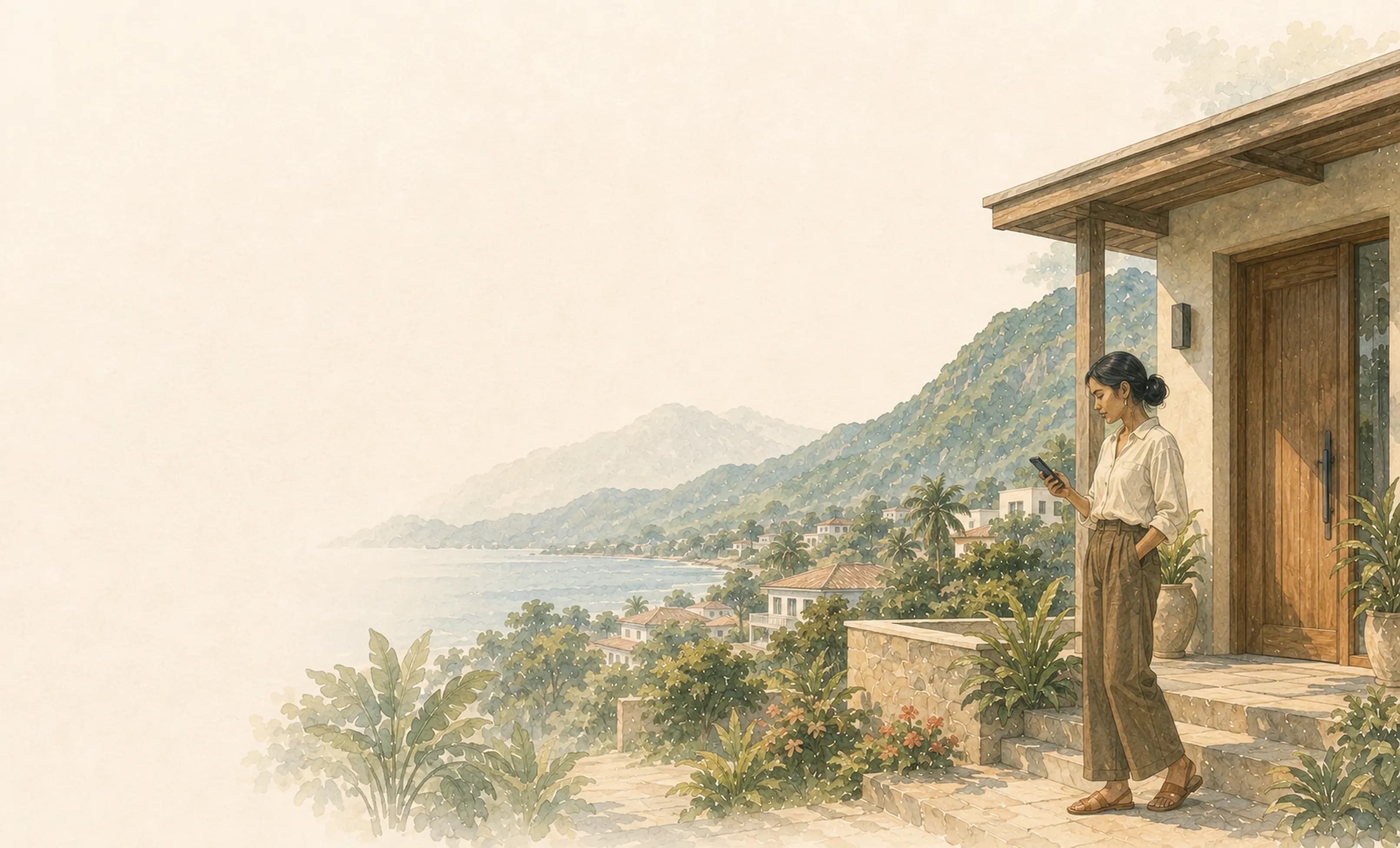 Watercolour — checking the KNUA app on a hillside porch above the bay