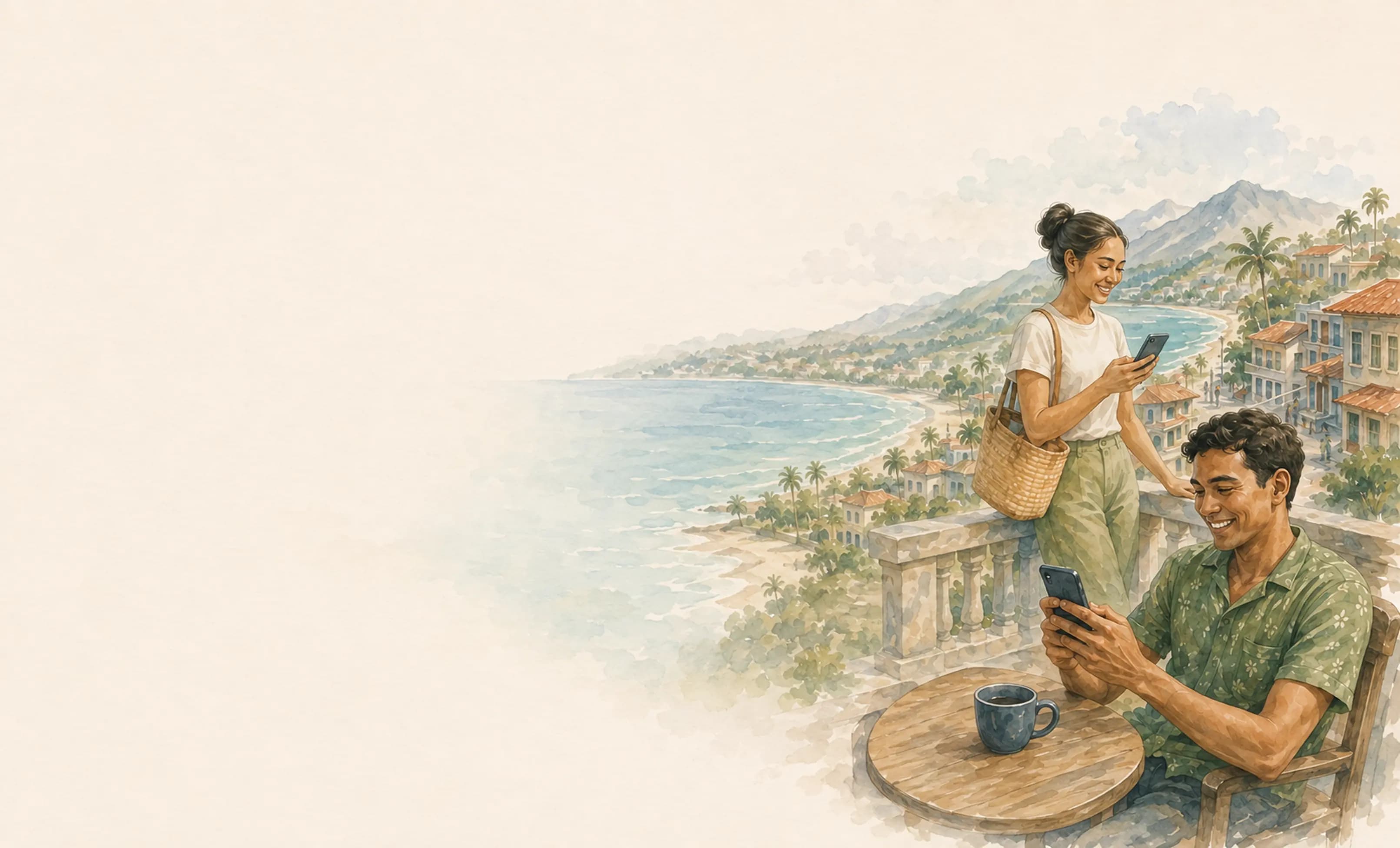 Watercolour — neighbours sending money from a seaside terrace