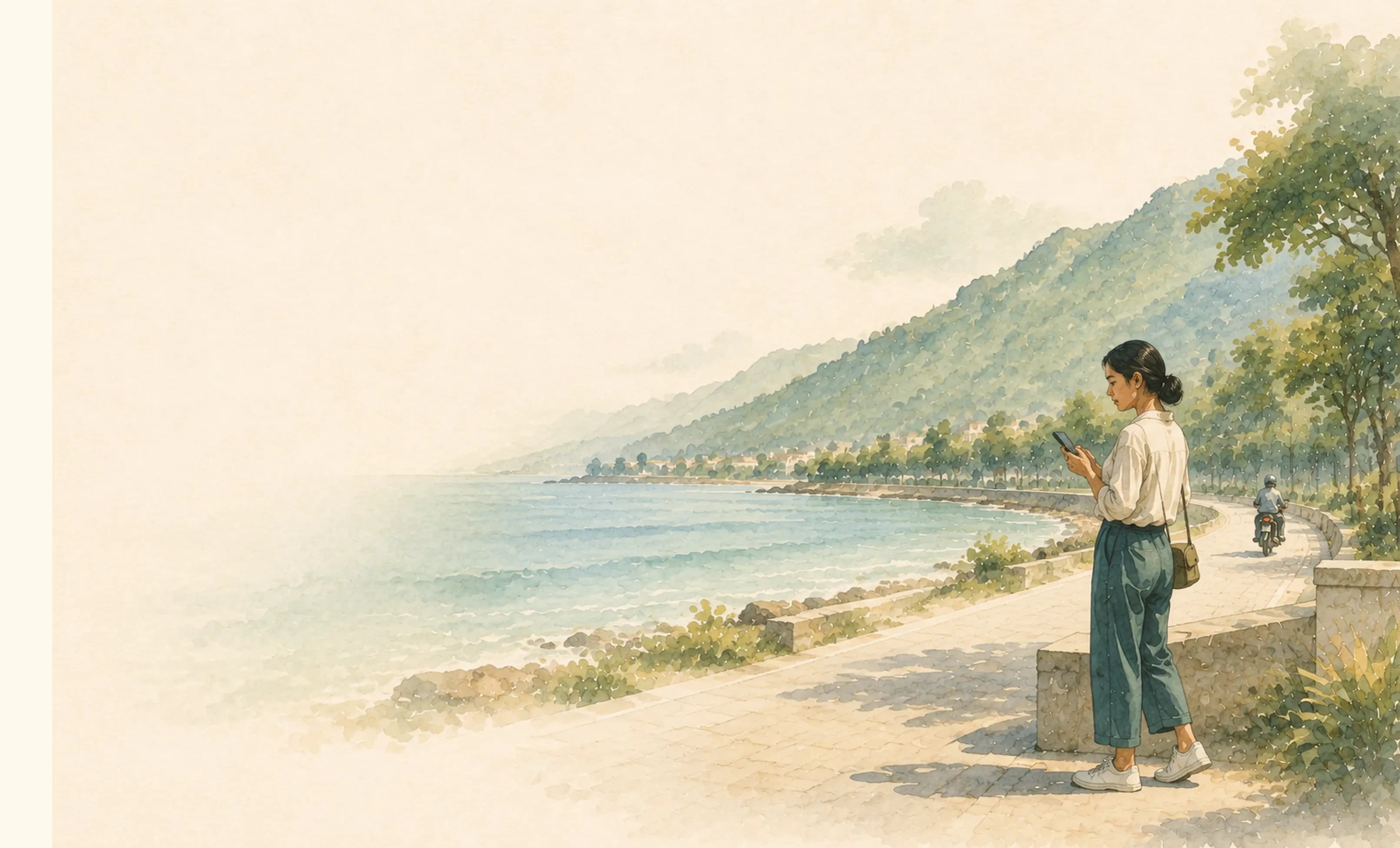Watercolour — checking the ride details on the seaside promenade