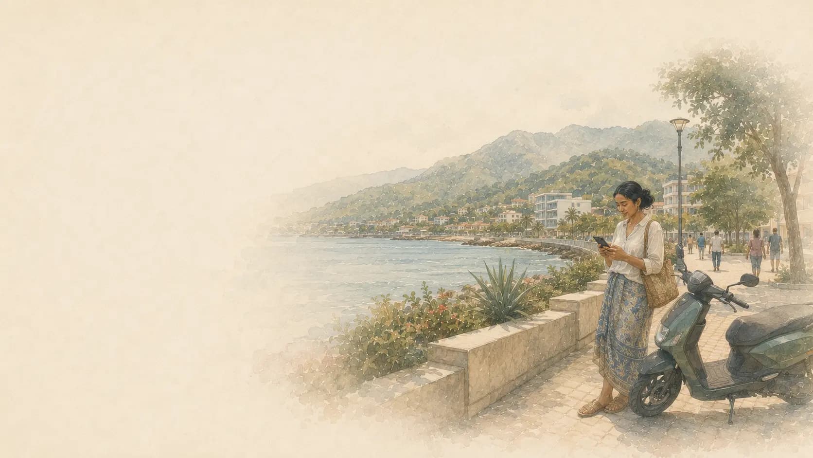Watercolour — checking the KNUA app on the seafront promenade