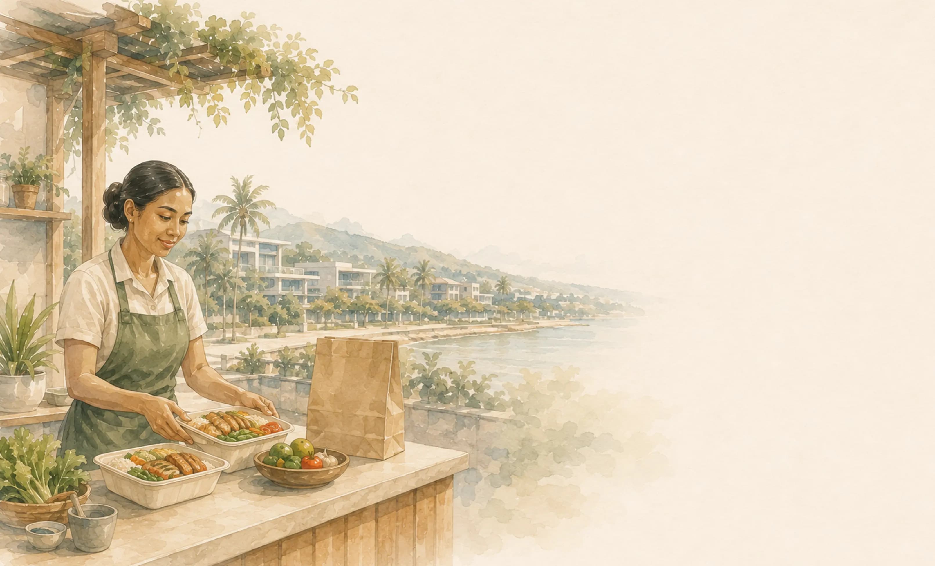 Watercolour — a food merchant packing takeaway boxes above the waterfront