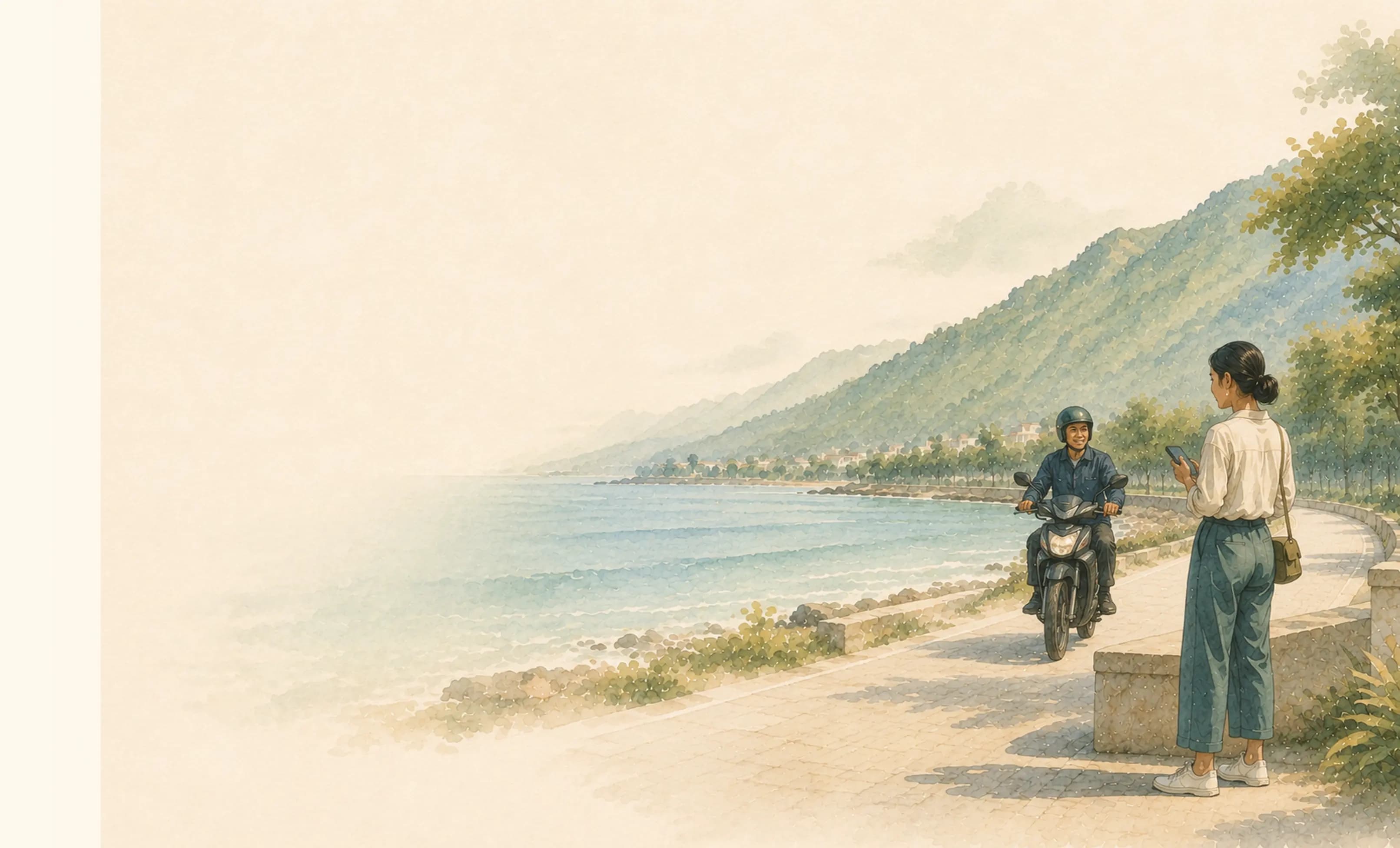 Watercolour — the driver arriving along the promenade to meet the rider