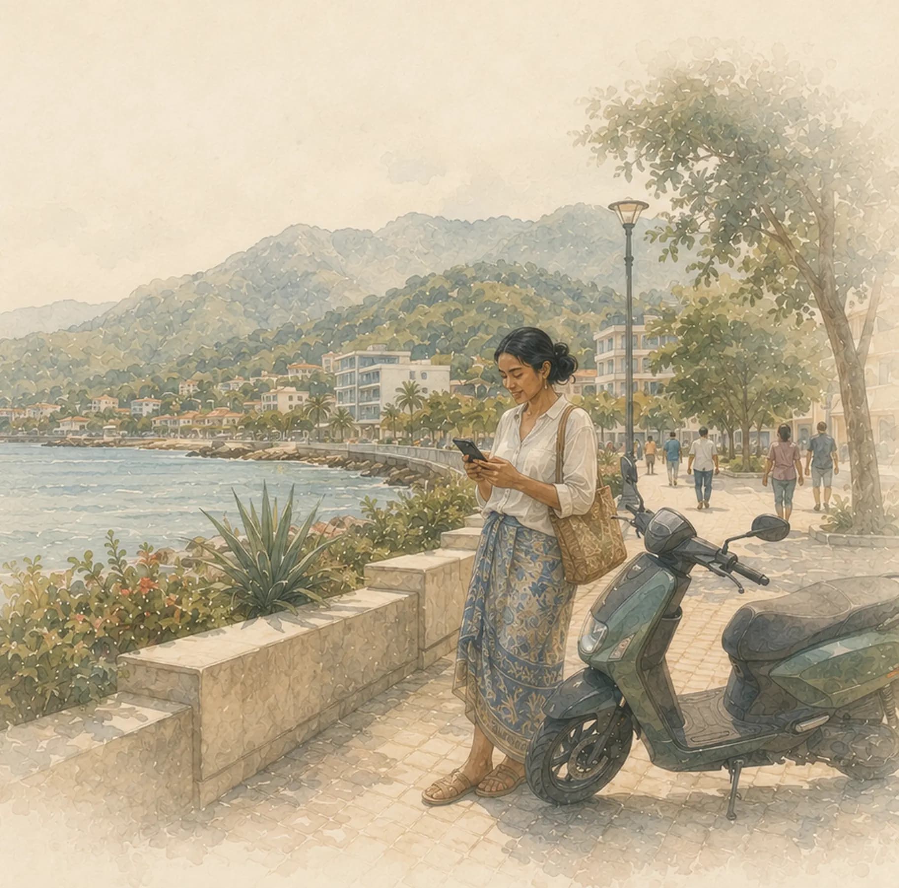 Watercolour — checking the KNUA app on the seafront promenade