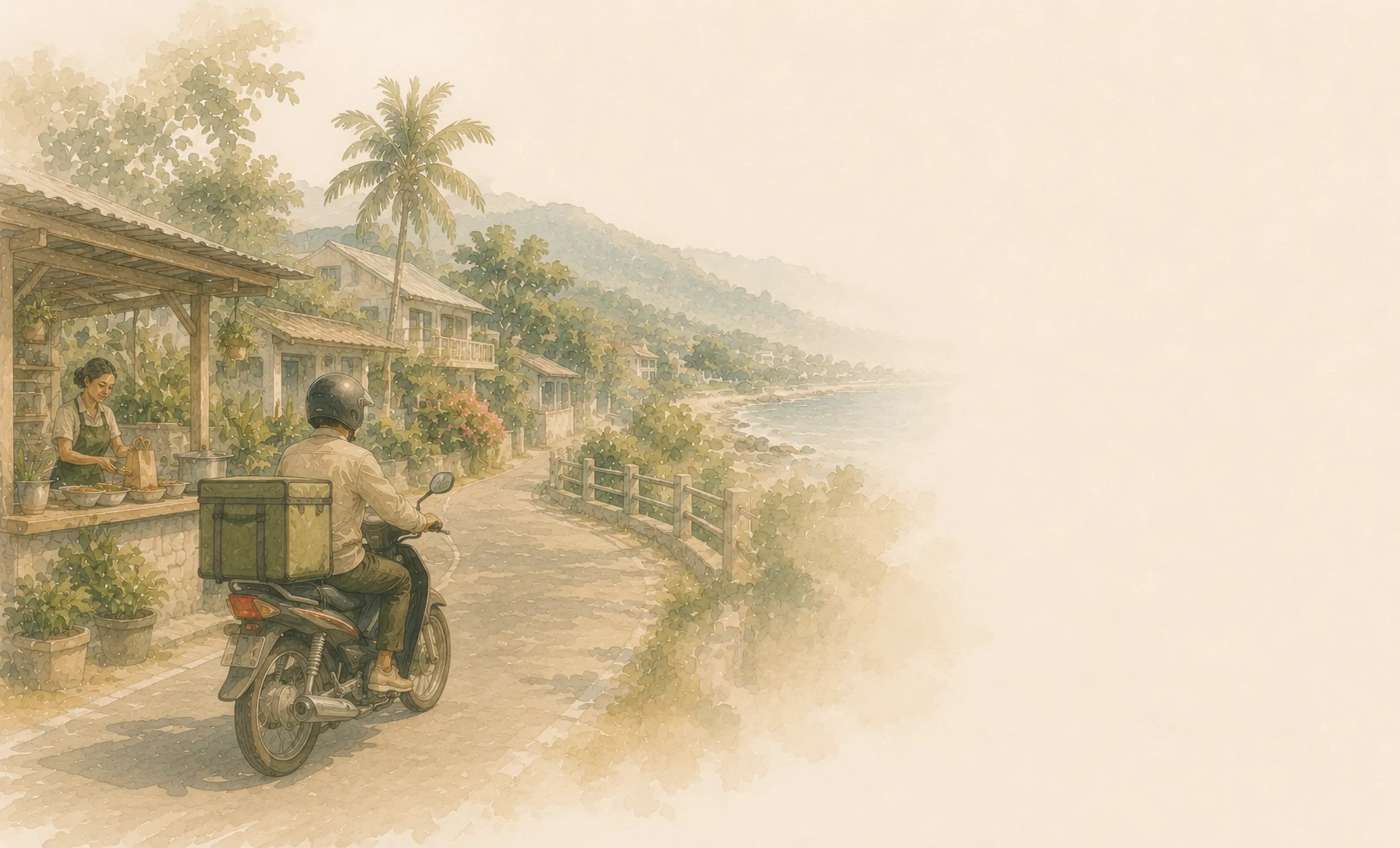 Watercolour — the delivery rider setting off from the stall along the coast road