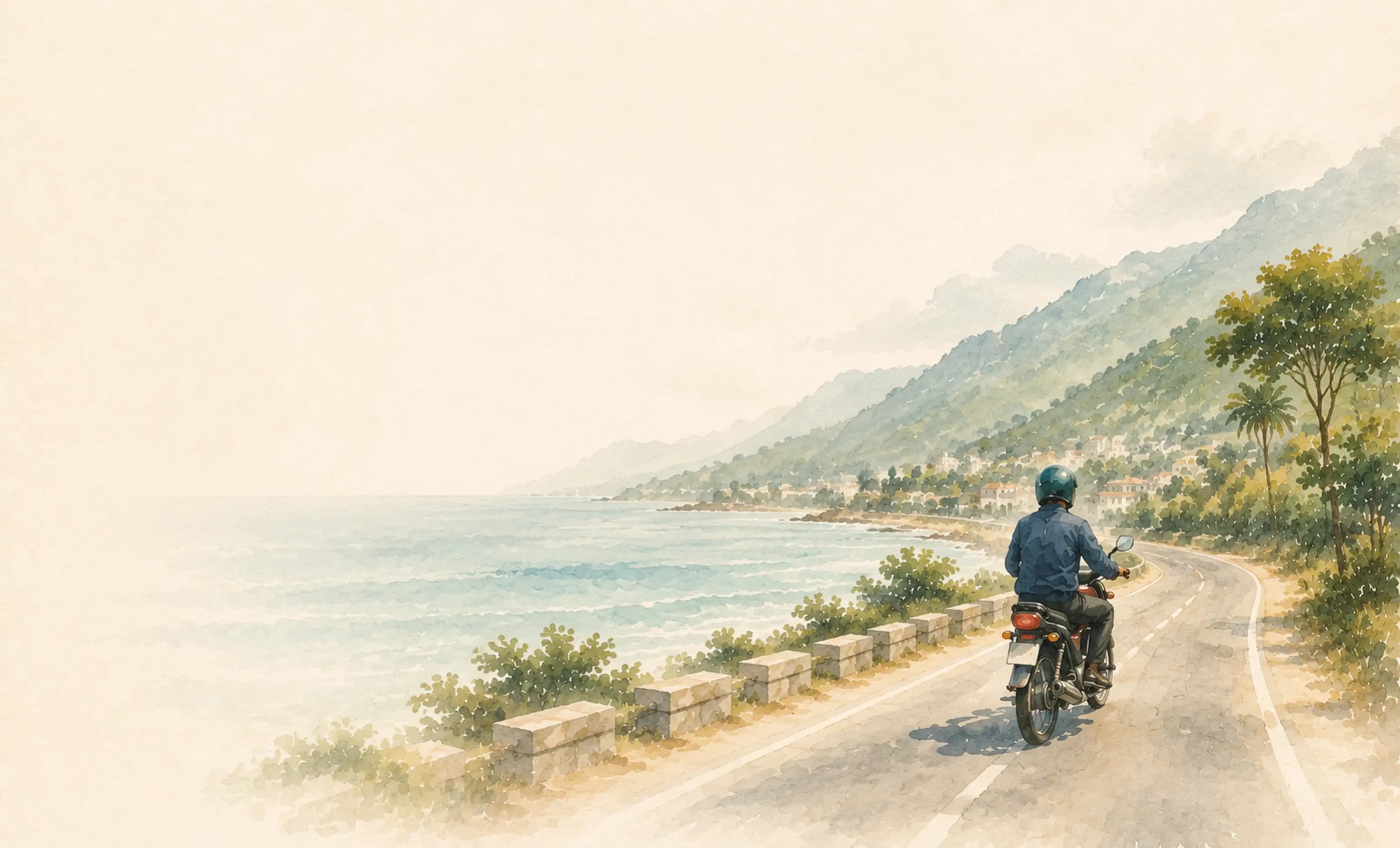 Watercolour — riding the coast road into town
