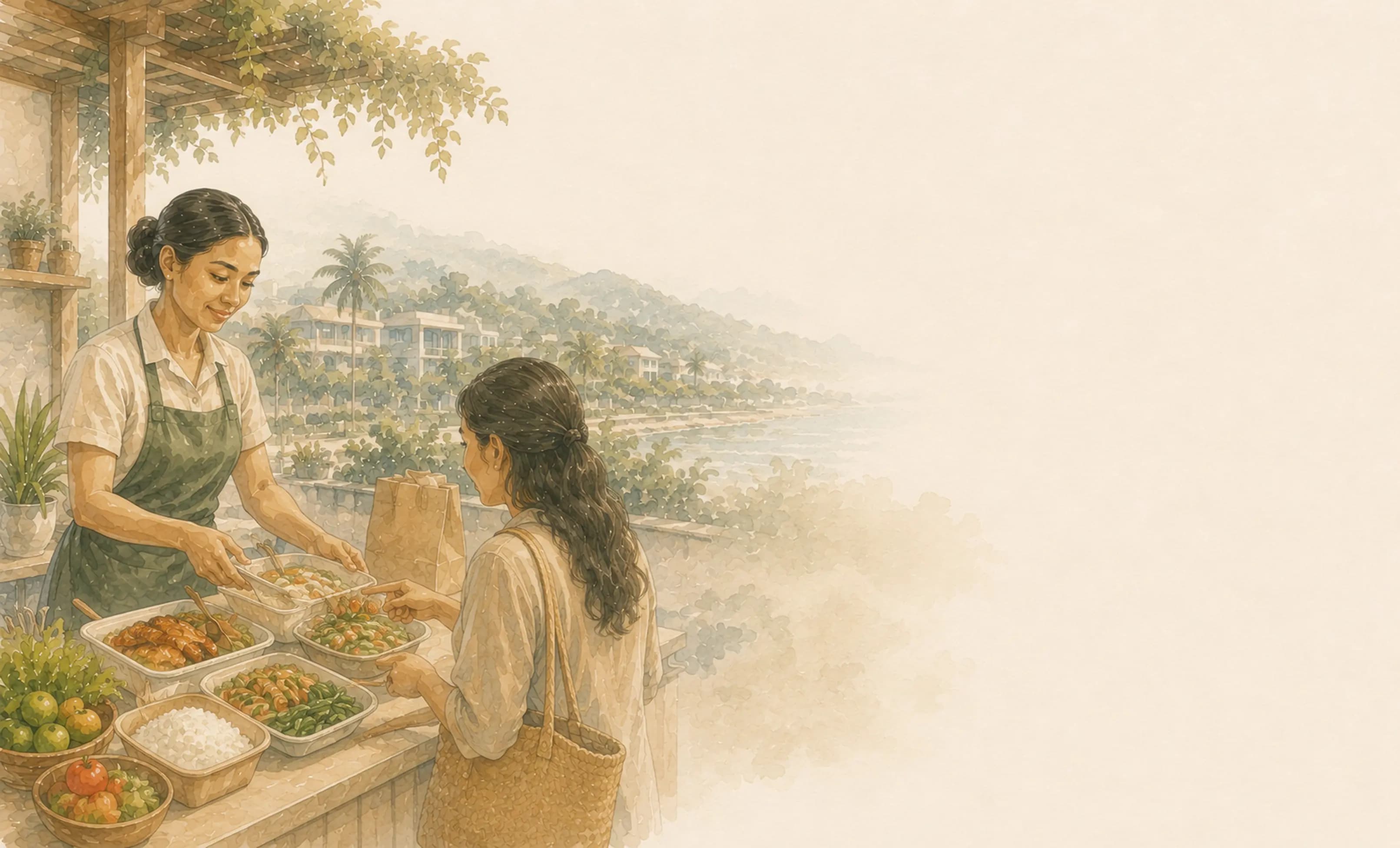 Watercolour — choosing dishes together at the stall counter above the bay